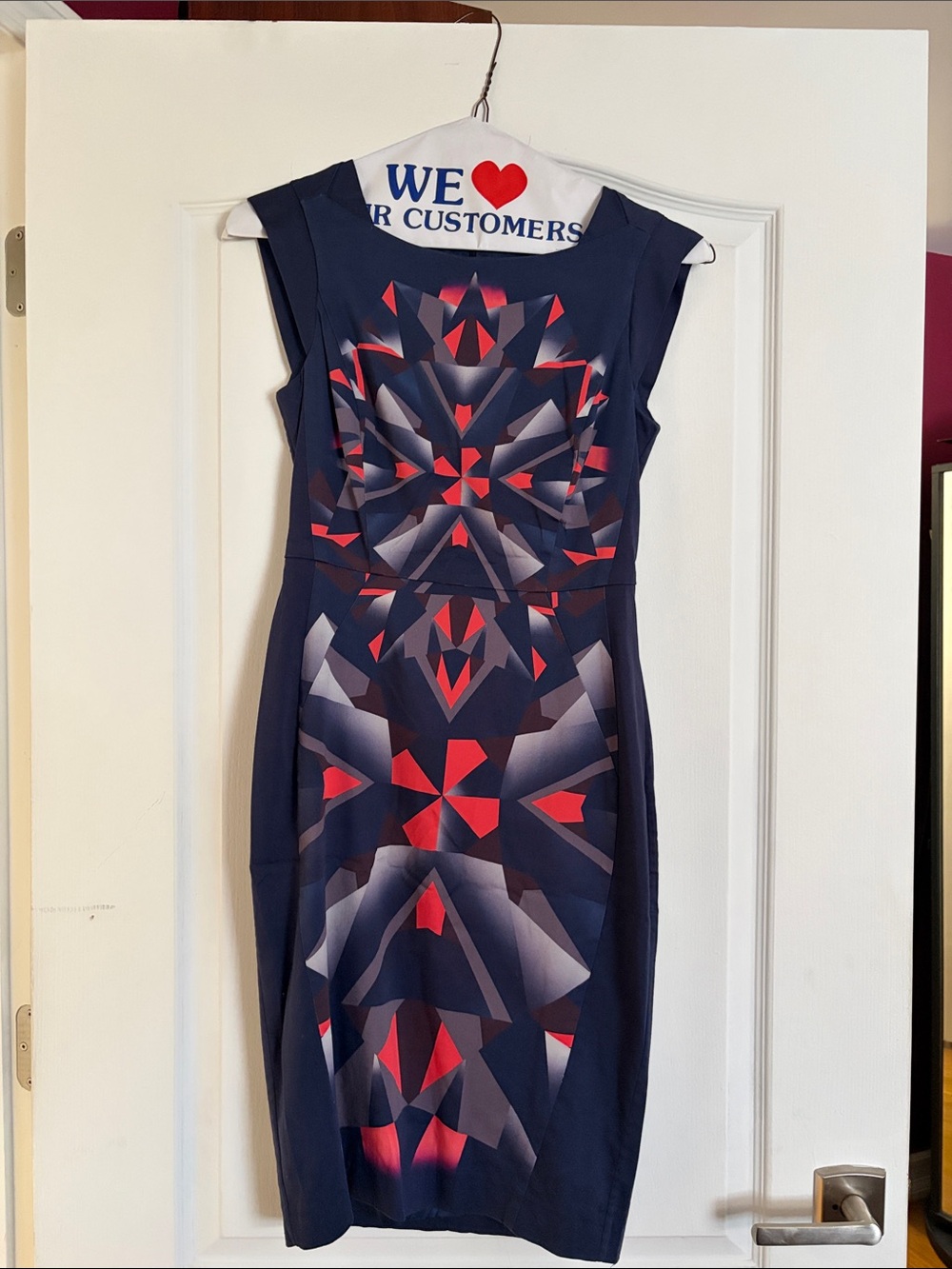 French Connection Navy Midi Dress with Red & Gray Geometric Print